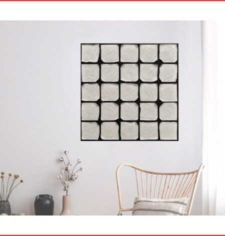 3D wanddecoratie 103x103cm White black olieverf met frame