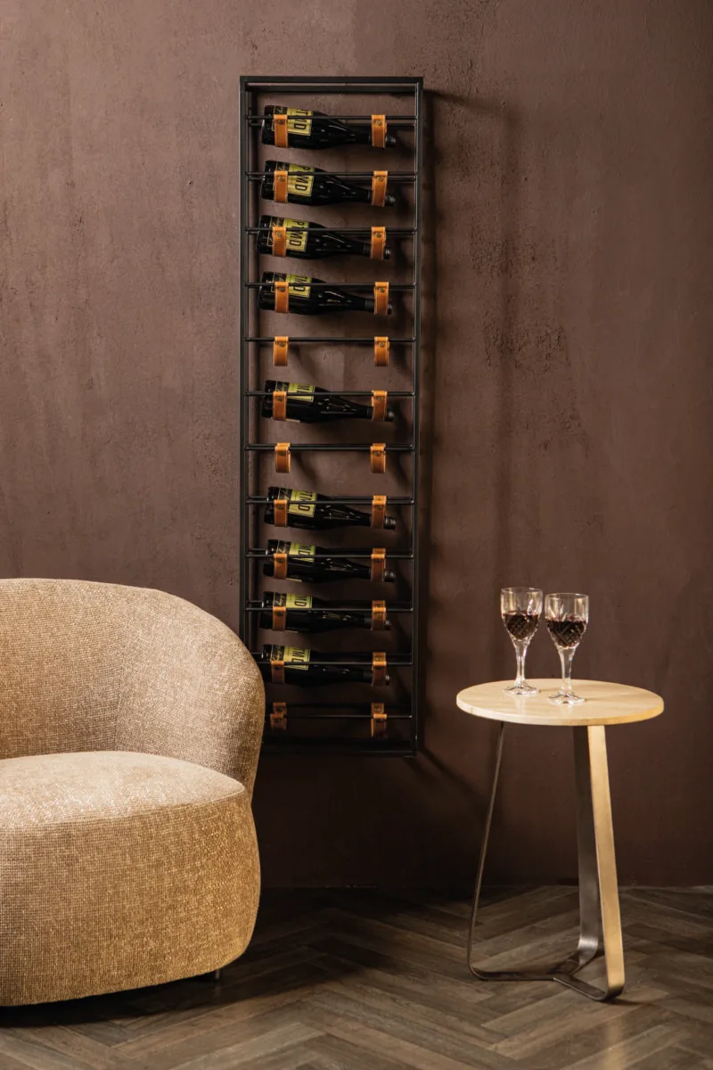 PTMD Kyrann Black rectangle iron wine rack with leather - Afbeelding 2