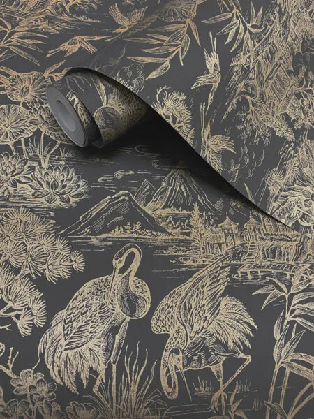 Dutch First Class Arboretum Characoal gold rol behang