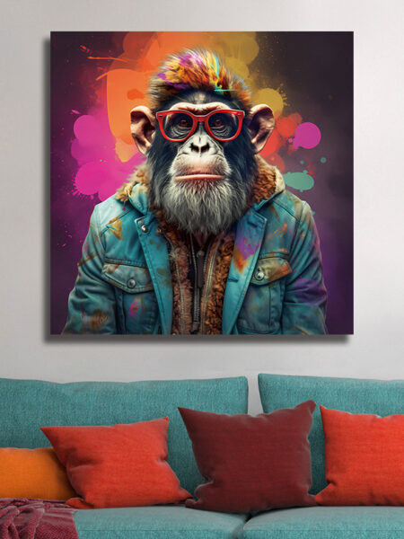 Schilderij Coole aap aan de wand achter de bank