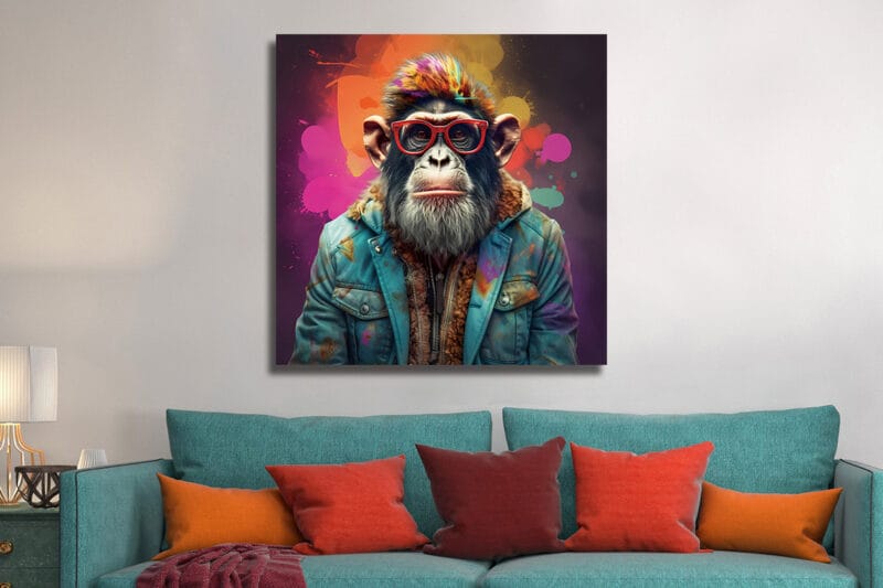 Schilderij Coole aap aan de wand achter de bank