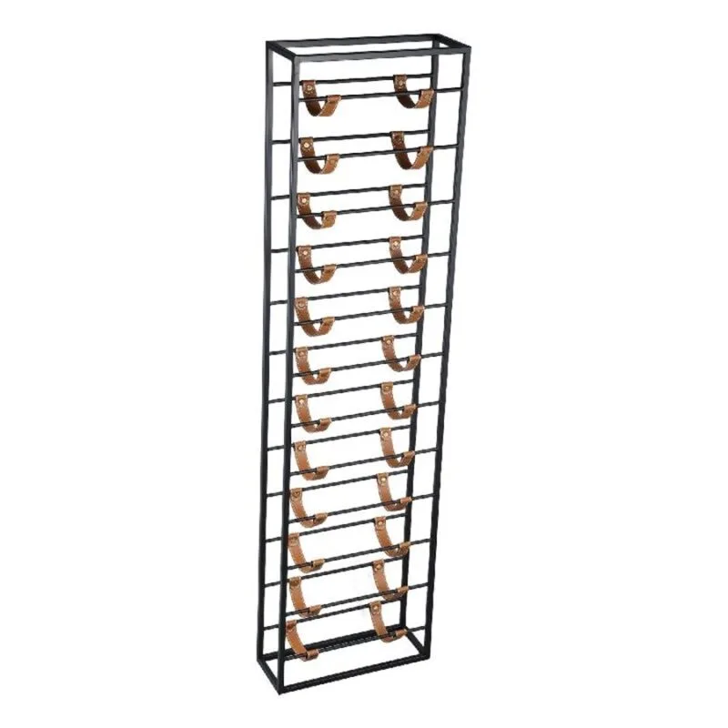 PTMD Kyrann Black rectangle iron wine rack with leather