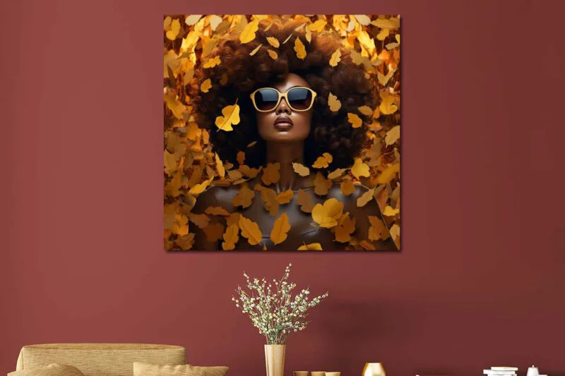 Glasschilderij 80x80cm Vrouw in gouden bladeren - Afbeelding 3
