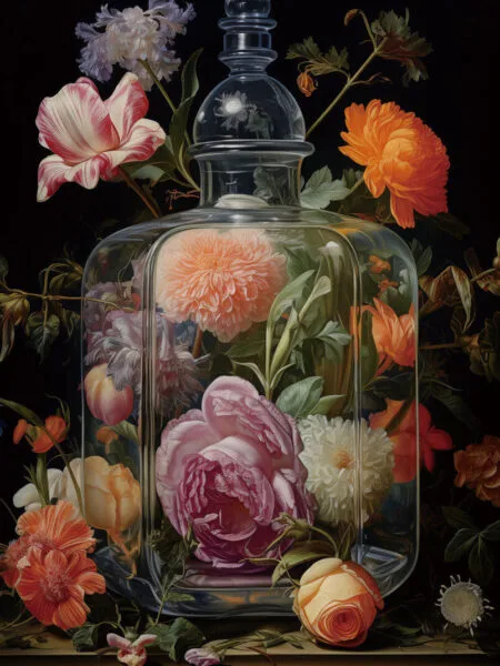 Glasschilderij 120x80cm Bloemenboeket in fles