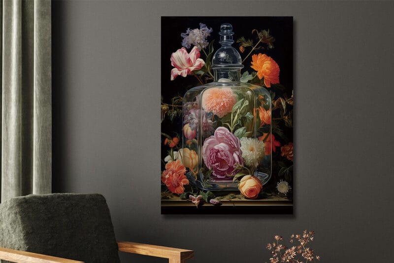 Glasschilderij 120x80cm Bloemenboeket in fles sfeer