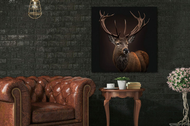 Glasschilderij 80x80cm Hert met groot gewei sfeer