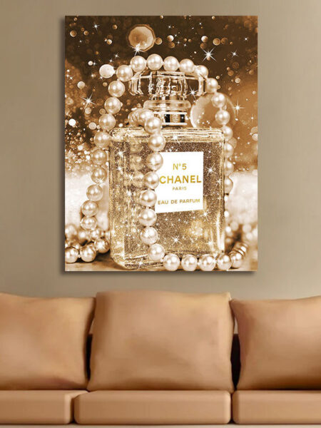 Glasschilderij 80x120cm Parfumfles goud sfeer