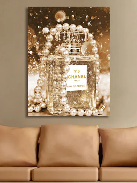 Glasschilderij 80x120cm Parfumfles goud sfeer