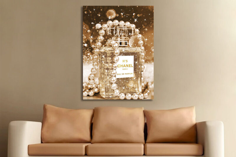 Glasschilderij 80x120cm Parfumfles goud sfeer