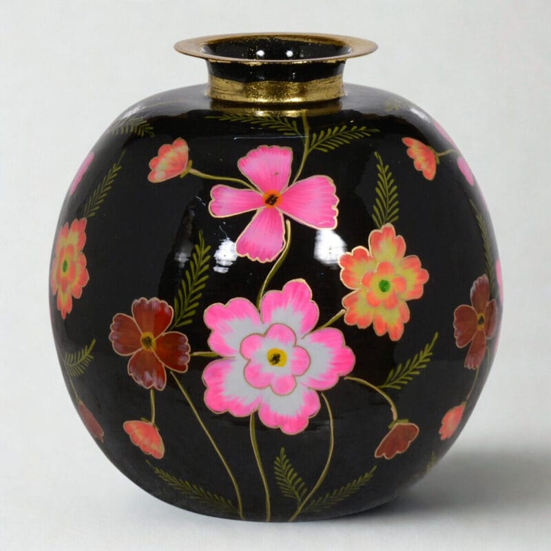 Vaas handgeschilderd zwart bloemen 24x24x26 cm