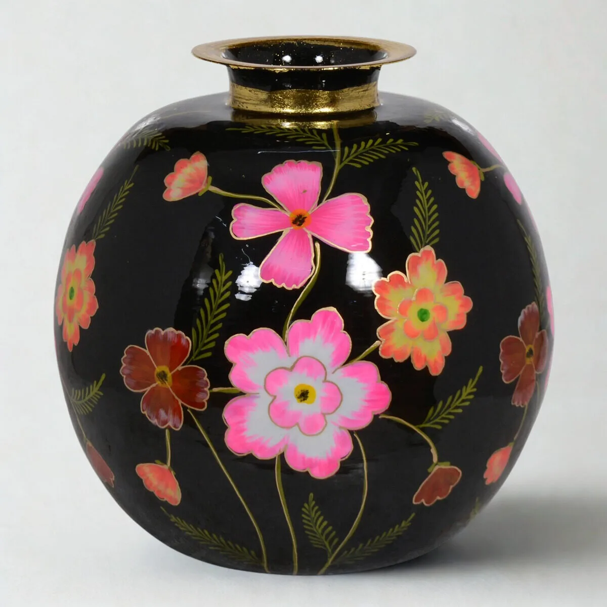 Vaas handgeschilderd zwart bloemen 24x24x26 cm - Afbeelding 2