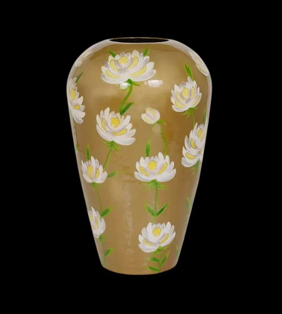 Vaas handgeschilderd goud witte bloemen 43x43x68 cm