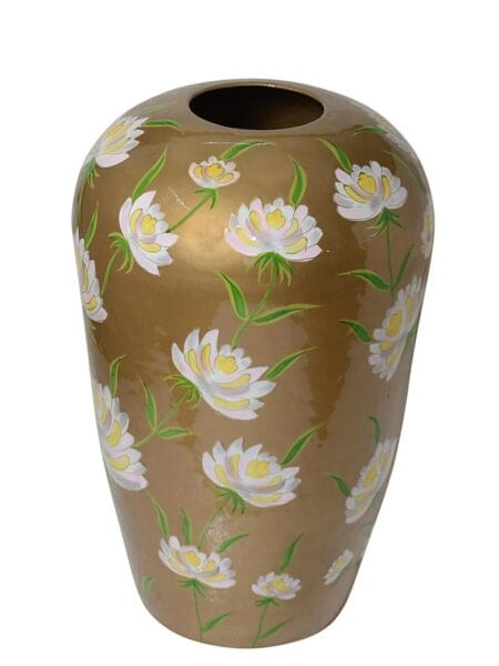 Vaas handgeschilderd goud witte bloemen 43x43x68cm