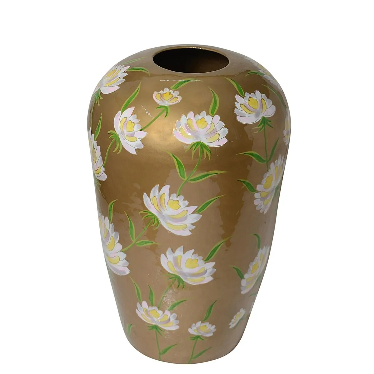 Vaas handgeschilderd goud witte bloemen 43x43x68cm