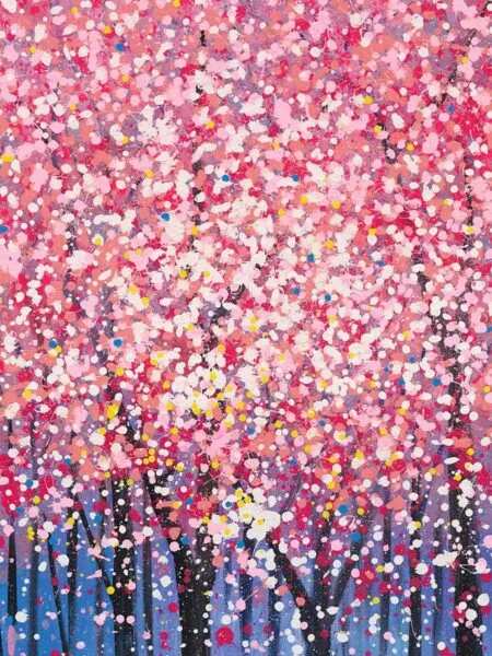 Schilderij Bloesembomen roze blauw 150x100x12 cm detail