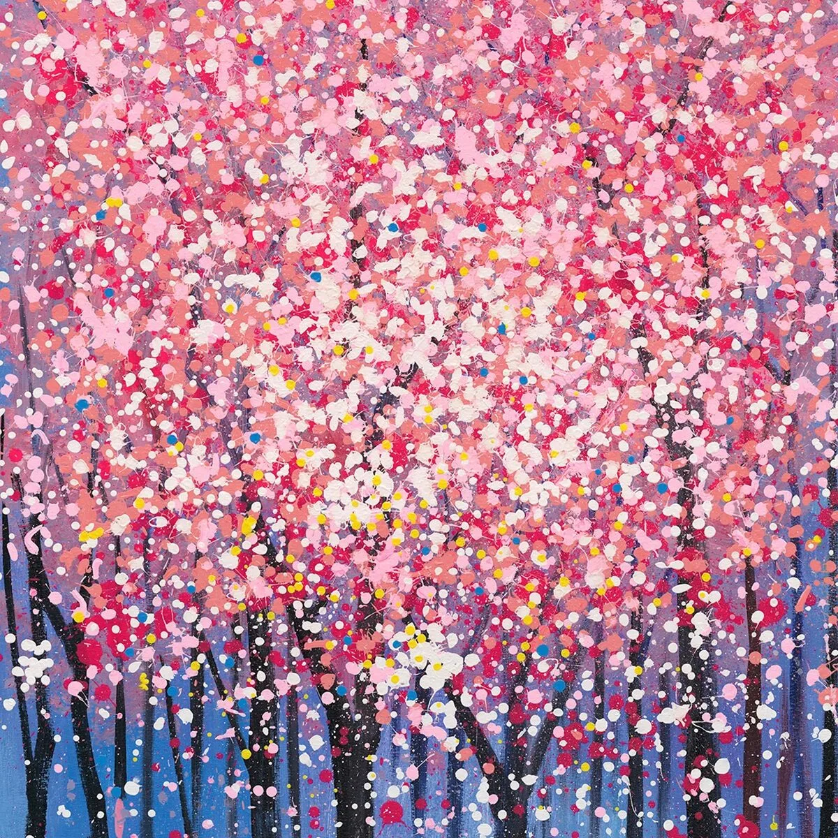 Schilderij Bloesembomen roze blauw 150x100x12 cm detail