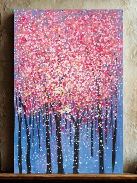 Schilderij Bloesembomen roze blauw 150x100x12 cm