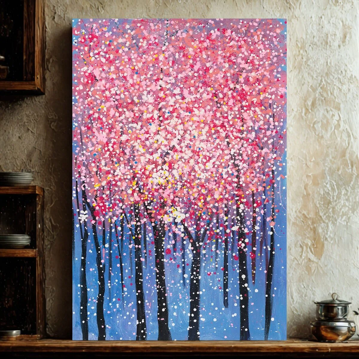 Schilderij Bloesembomen roze blauw 150x100x12 cm