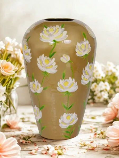 Vaas handgeschilderd goud witte bloemen