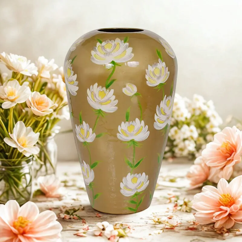 Vaas handgeschilderd goud witte bloemen
