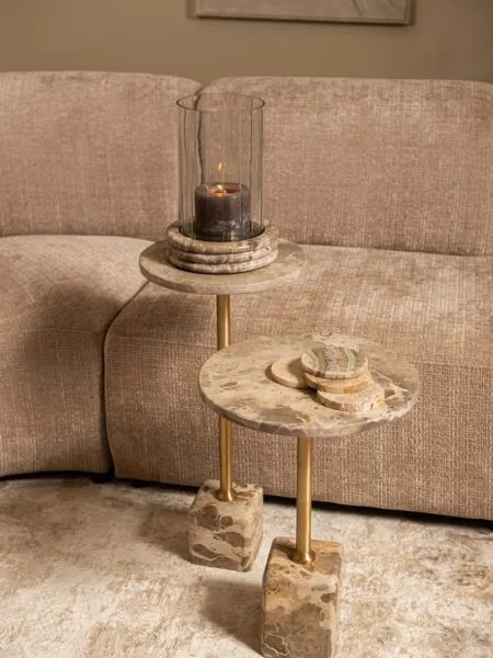 PTMD Ebe Beige Marble sidetable with round top low 36x36x55 cm