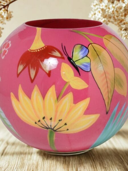 Vaas handgeschilderd fuchsia enamel glass 22x22x19 cm