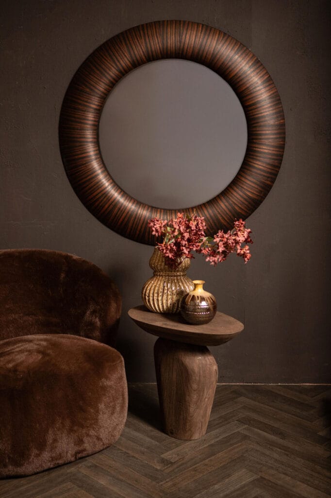 PTMD Gezzy Brown wooden veneer mirror rond 110 cm