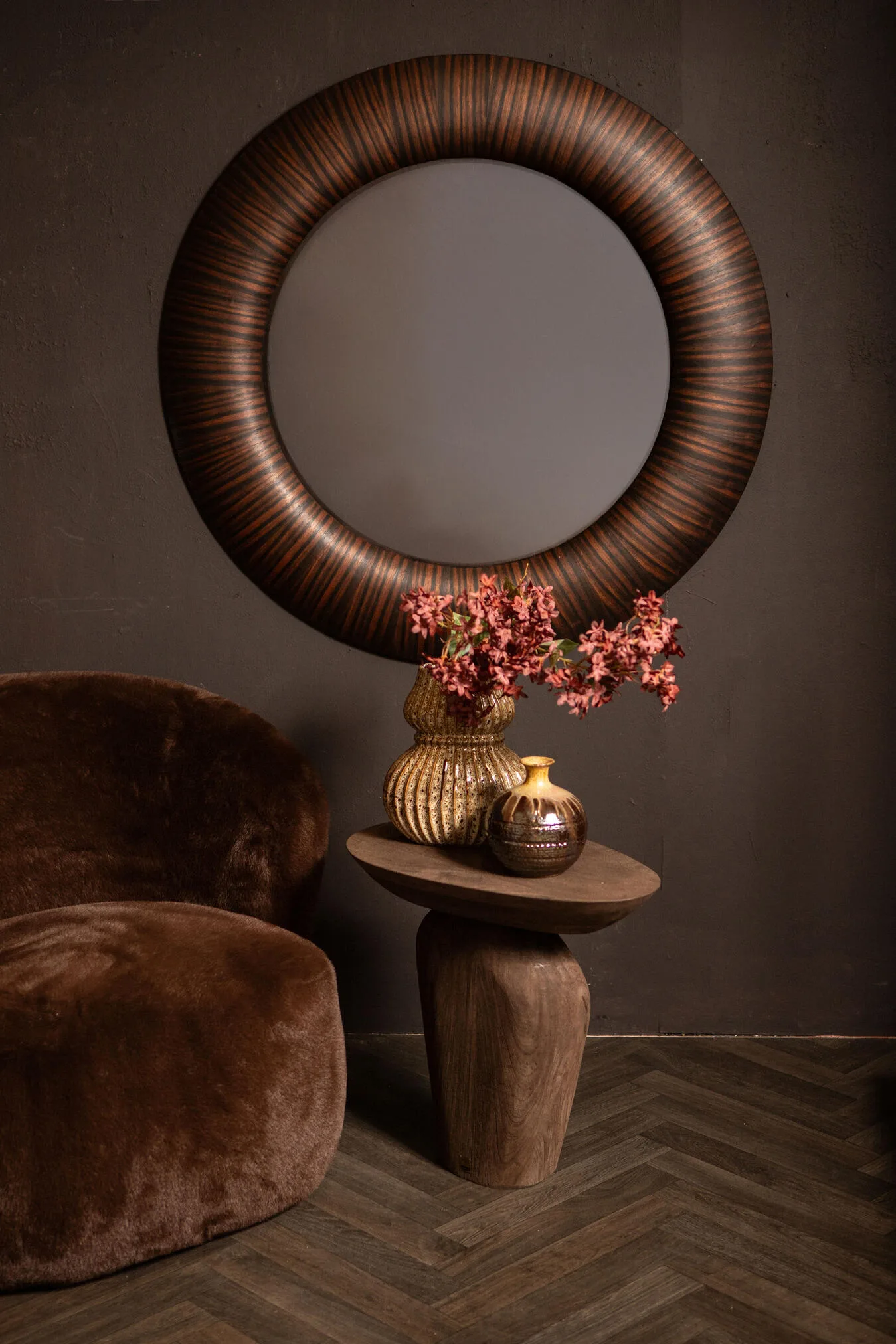 PTMD Gezzy Brown wooden veneer mirror rond 110 cm
