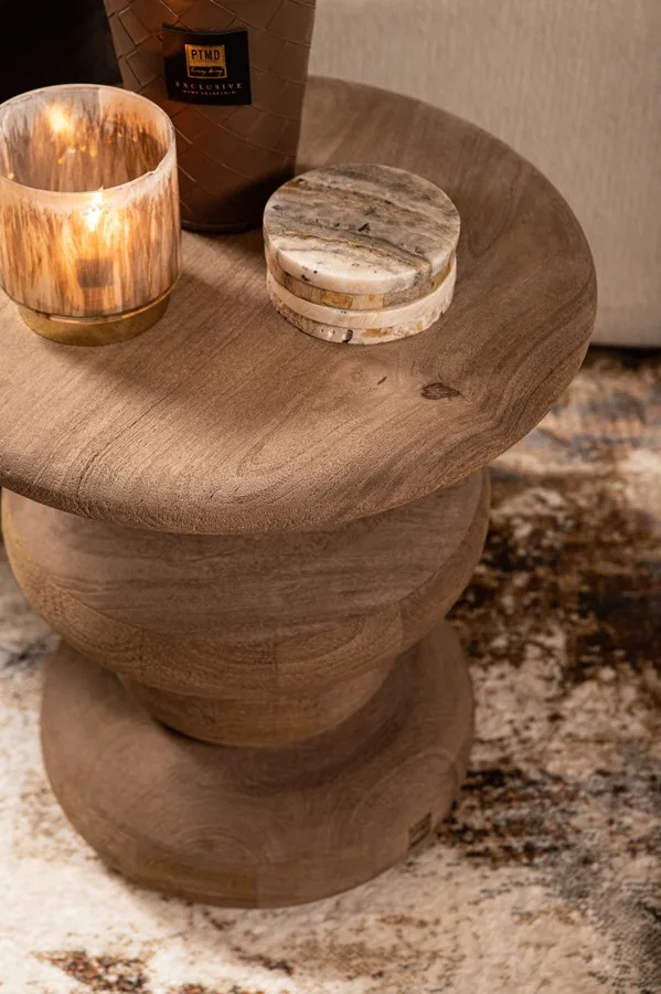 PTMD Keven Natural mango wood ribbed sid table 40x40x44 cm - Afbeelding 3