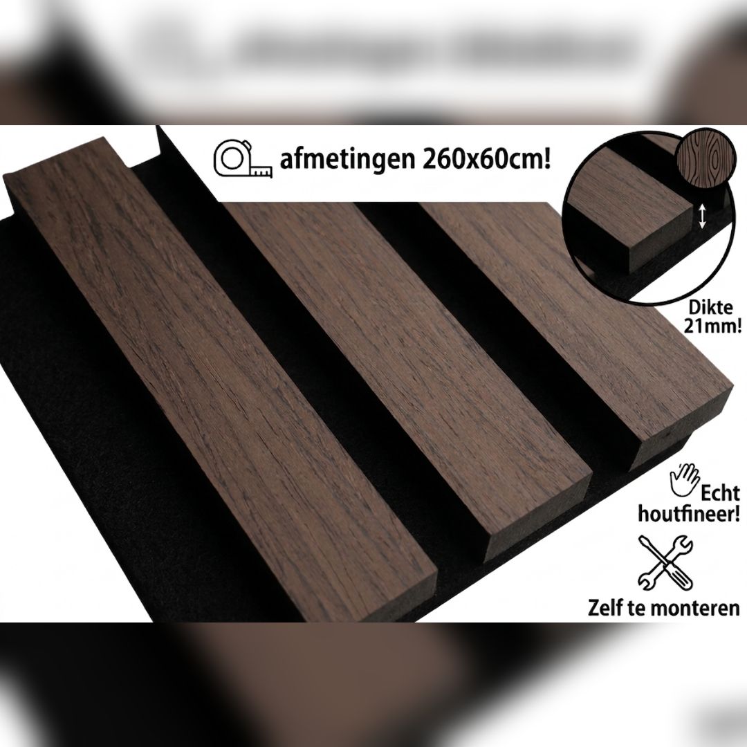 Akoestisch Wandpaneel Walnoot gerookt 260x60 cm - Afbeelding 4