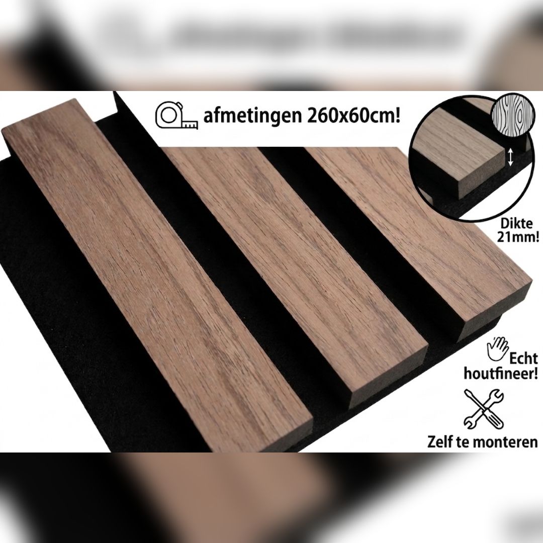Akoestisch Wandpaneel Walnoot 260x60 cm - Afbeelding 4